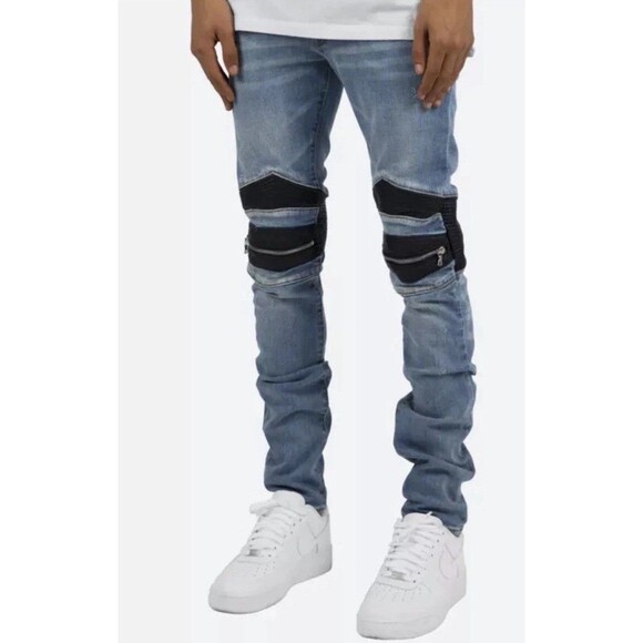 MNML Men’s Moto Biker Distressed Leather Knee Skinny Jeans Size 29x33 - Picture 5 of 15